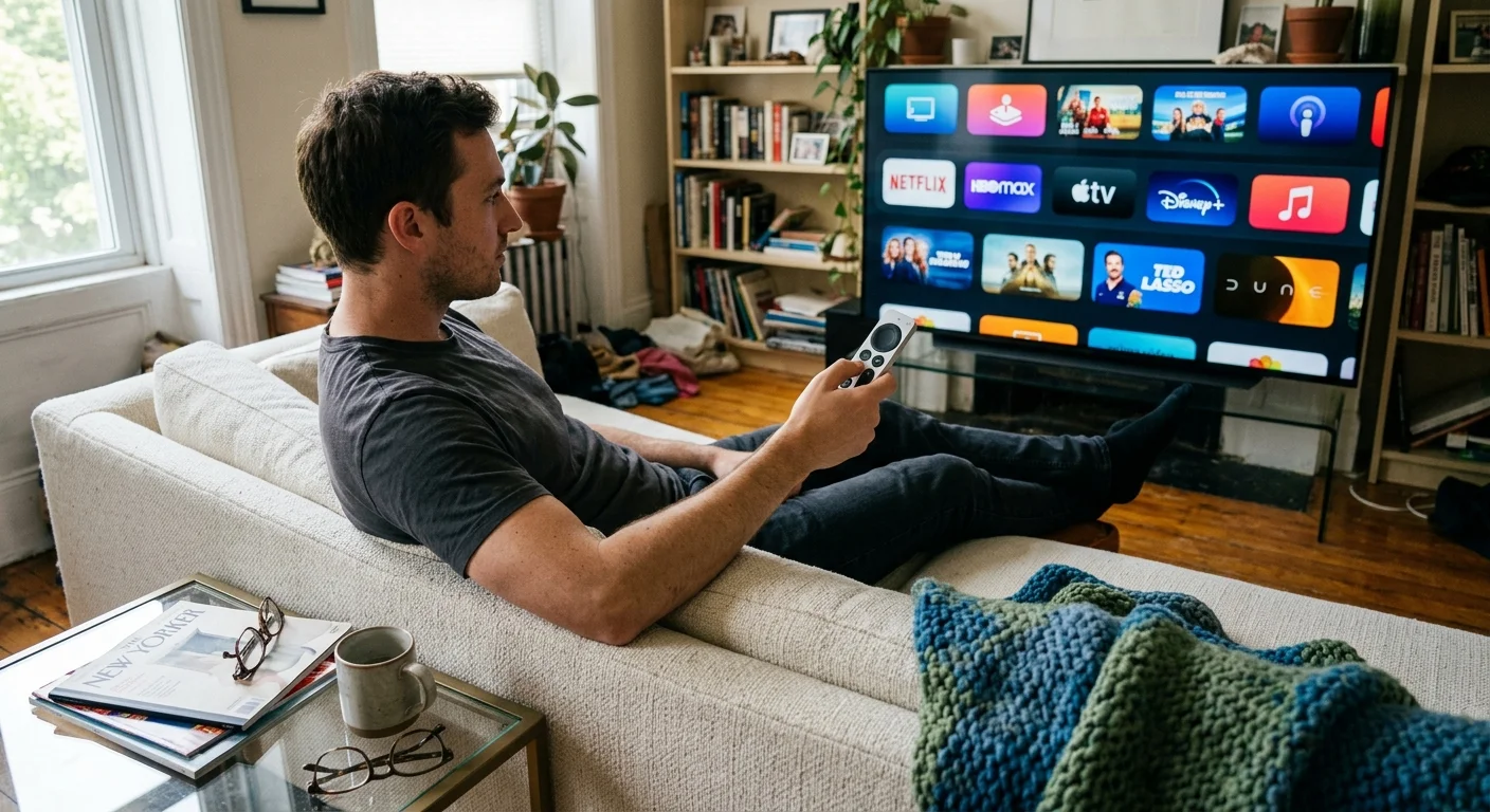 A man relaxes on a living room sofa holding a remote control pointed at a television displaying a streaming home screen.