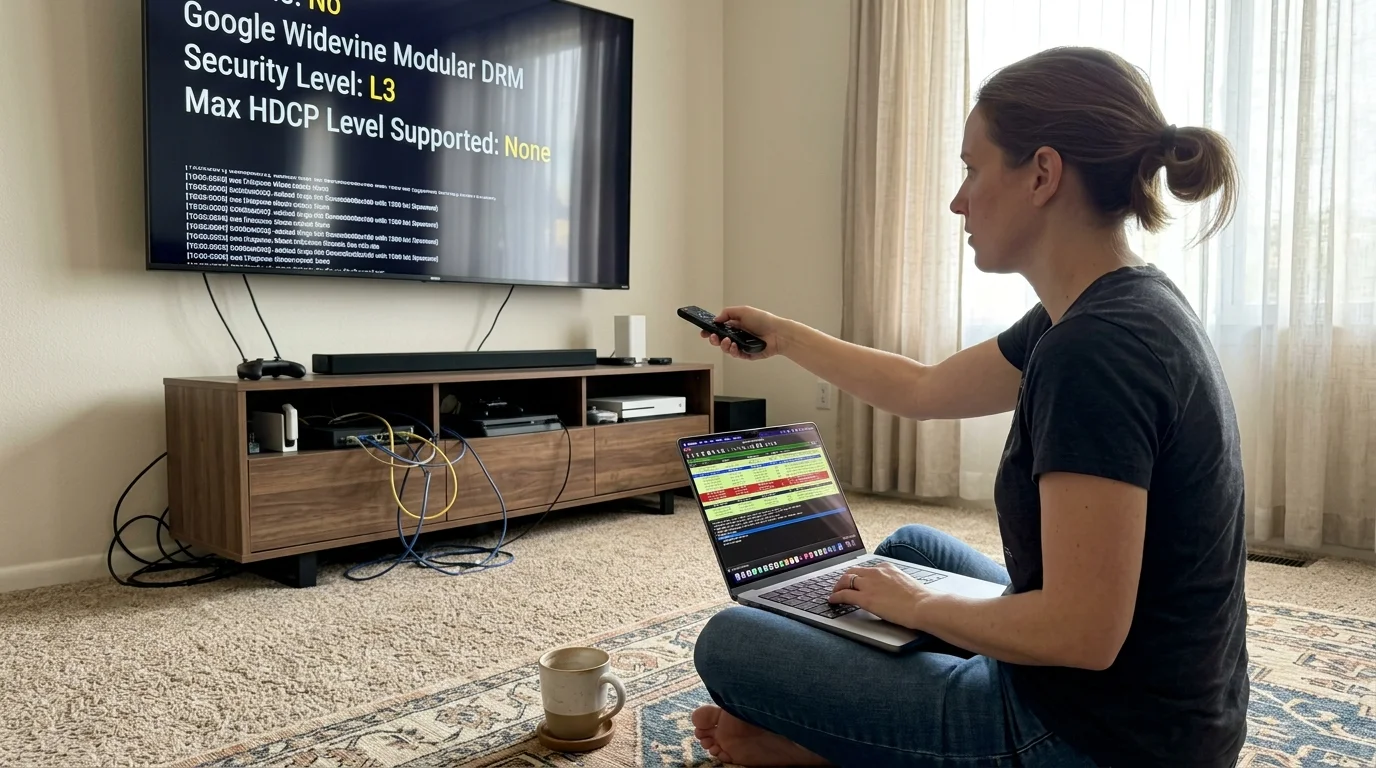 A woman sitting on a rug with a laptop points a remote at a television displaying Widevine DRM diagnostic info.