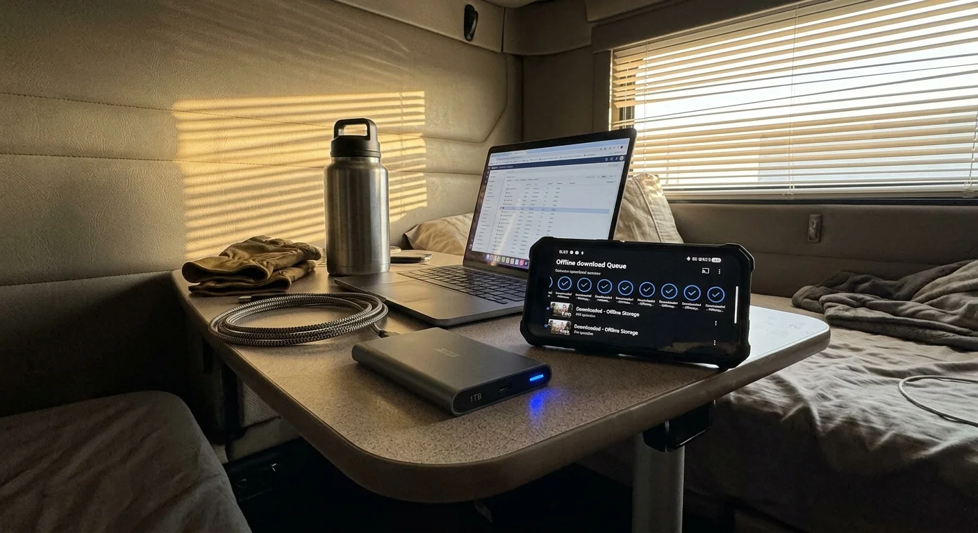 A laptop, phone showing an offline download queue, portable hard drive, and water bottle on a table inside a sleeper cab.