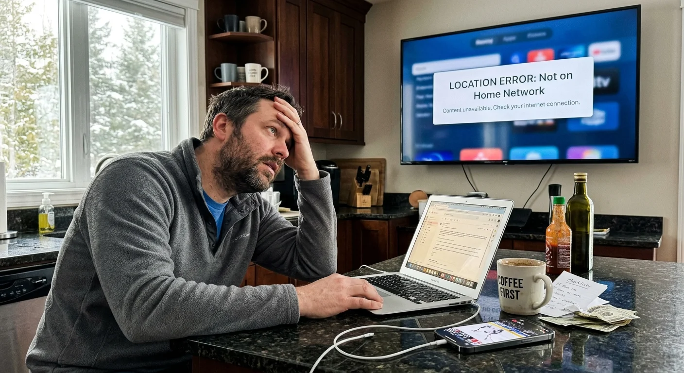 A frustrated man sits at a kitchen counter with a laptop as a wall TV displays a location error message.