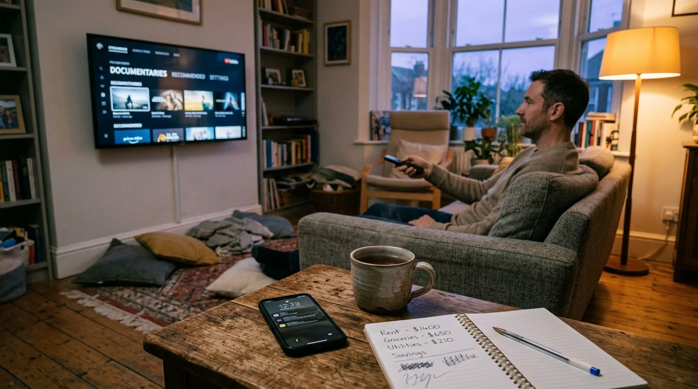 Man on a living room sofa holding a remote toward a TV, with a budget notebook and phone on the coffee table.