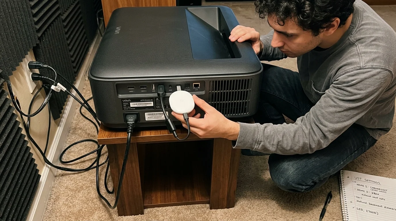 A man plugs a white streaming dongle into the back panel of a black ultra-short-throw projector on a wooden stand.