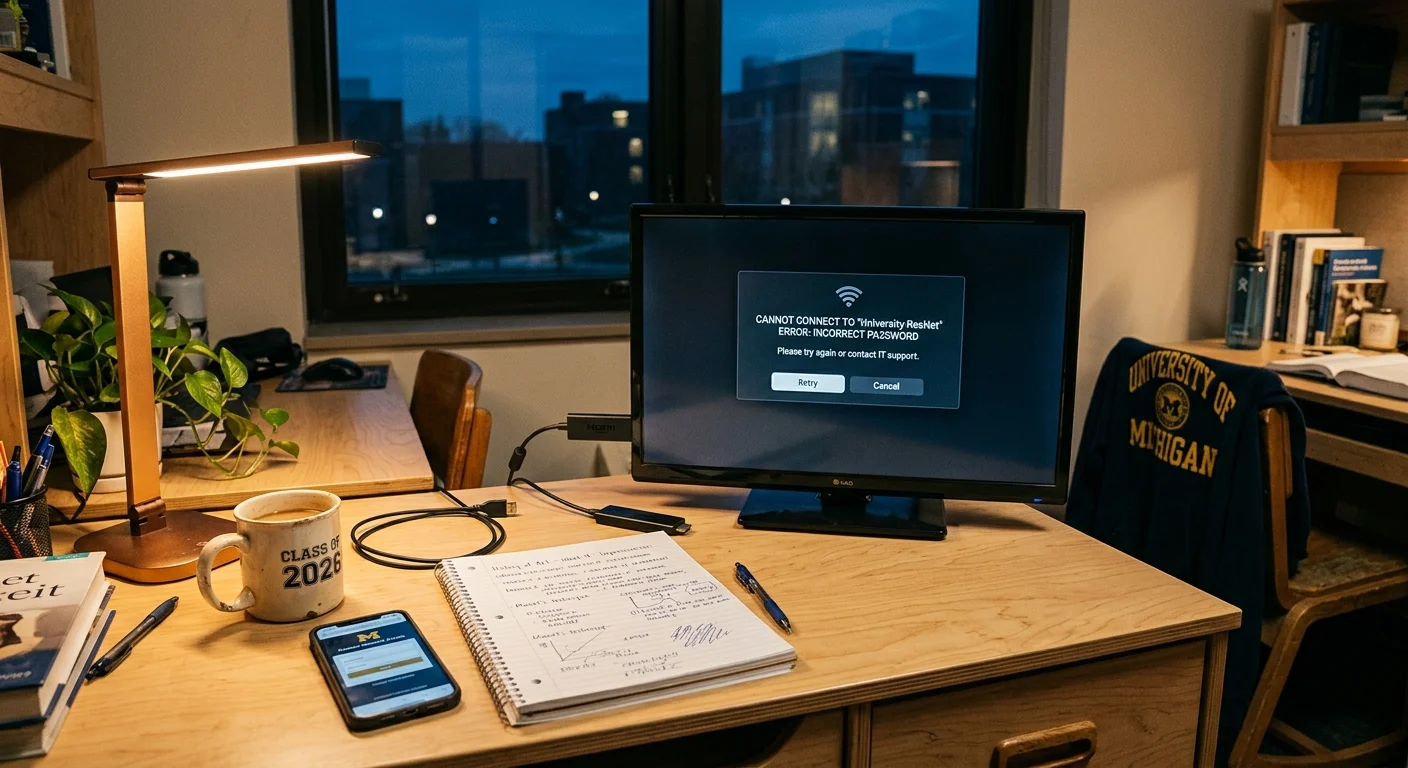 Dorm room desk with a TV displaying a Wi-Fi connection error message, alongside a notebook, phone, and lamp.