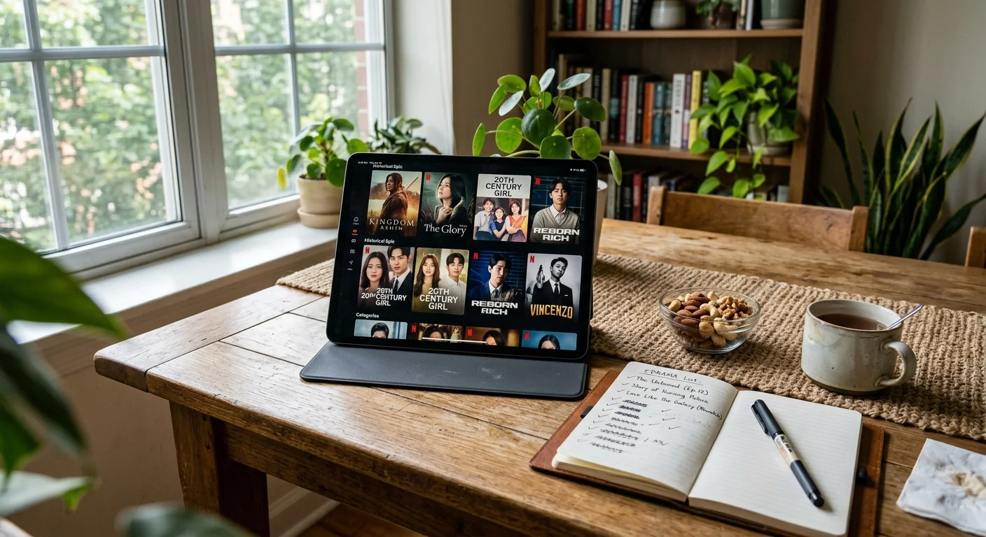Tablet on a wooden table displaying Korean dramas, beside a notebook, pen, snack bowl, and mug near a window.