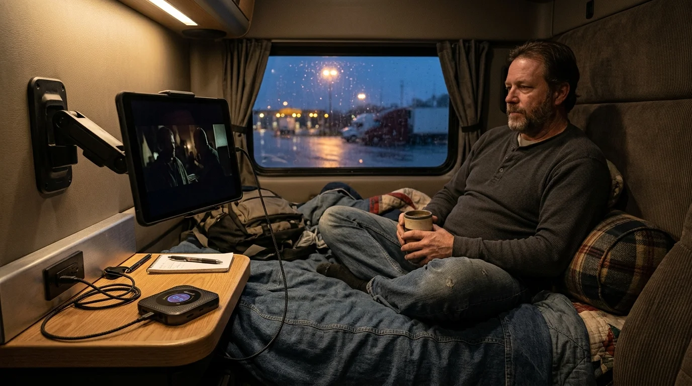 Man sitting in a truck sleeper berth watching a mounted tablet beside a mobile hotspot device plugged into a desk.