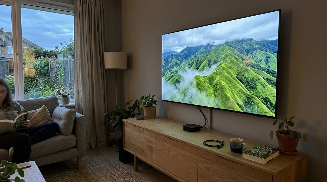 Wall-mounted television displaying an aerial mountain landscape above a wooden media console with an Apple TV box.
