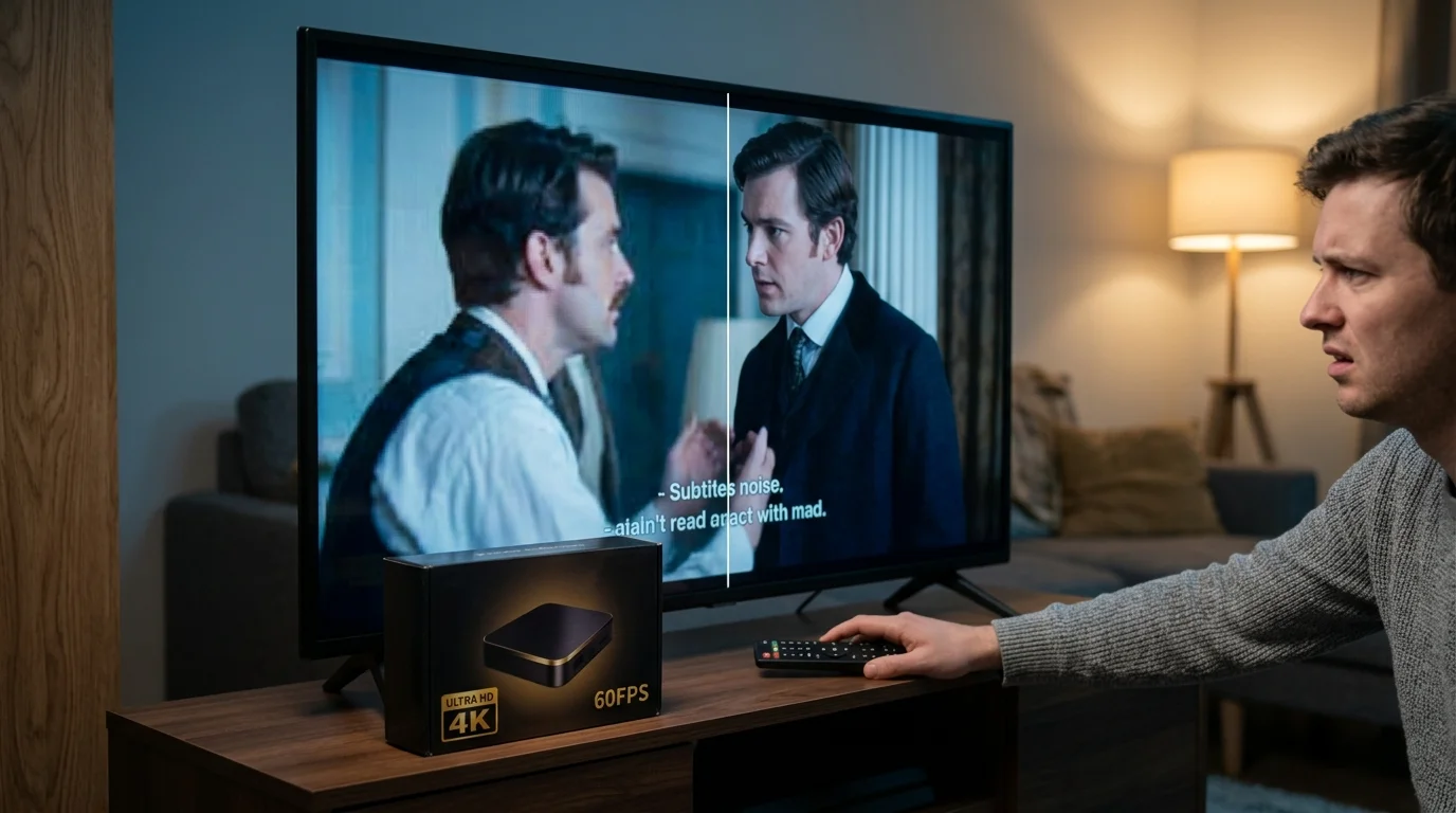A man holding a remote looks confused at a TV showing a split screen of blurry and sharp video next to a 4K player box.