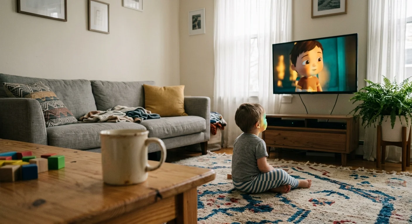 Toddler sitting on a patterned rug in a living room, watching an animated cartoon on a television.