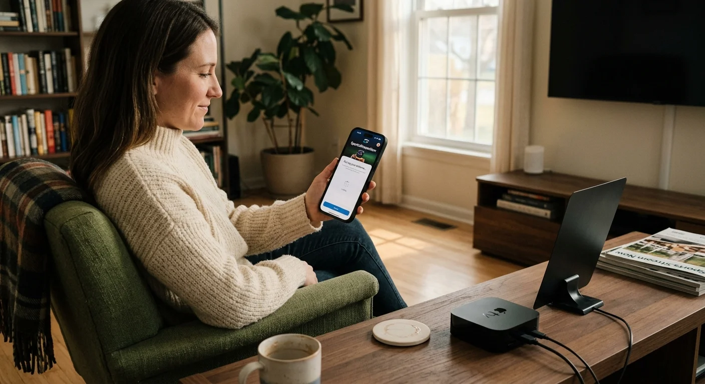 Woman sitting in an armchair holding a smartphone, with a streaming media box and an indoor antenna on a wooden coffee table.