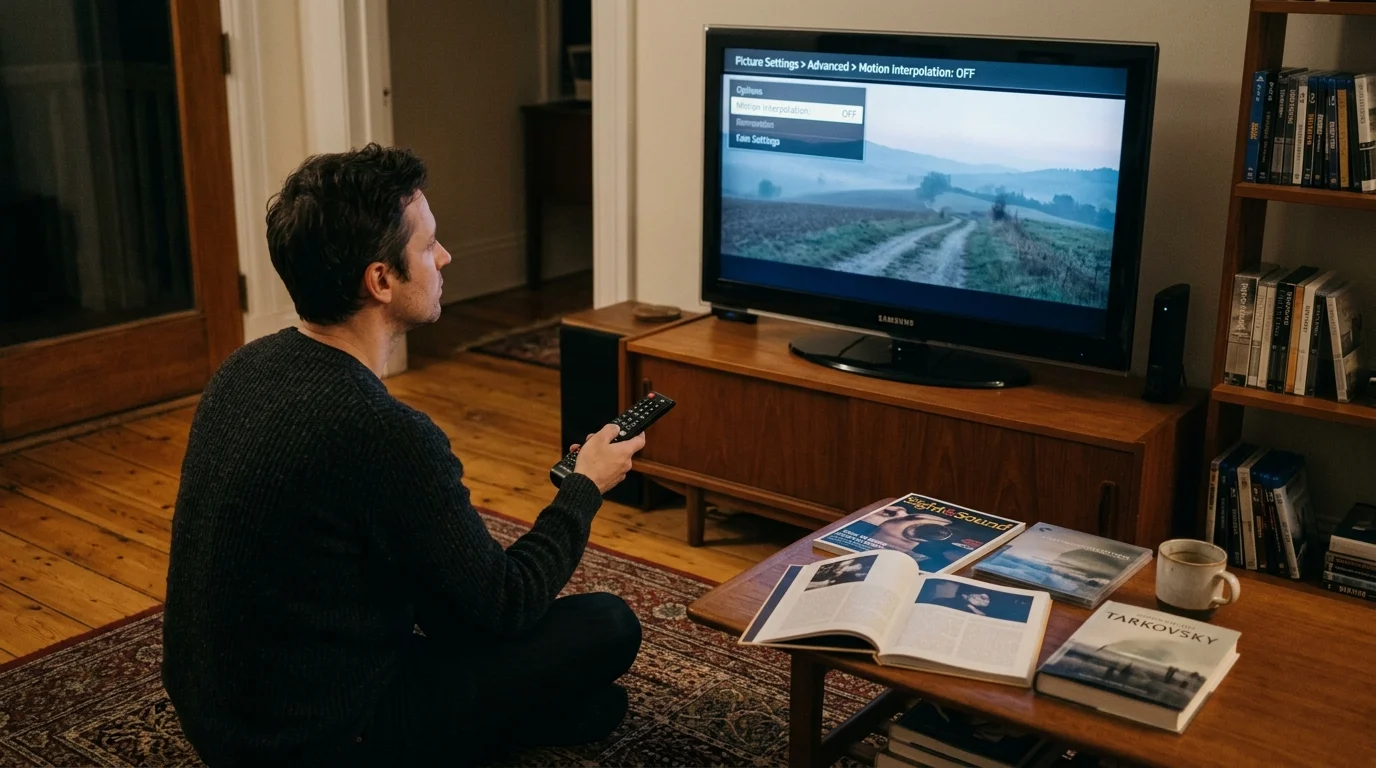 A man sits on a rug holding a remote toward a TV screen displaying advanced picture settings with motion interpolation off.