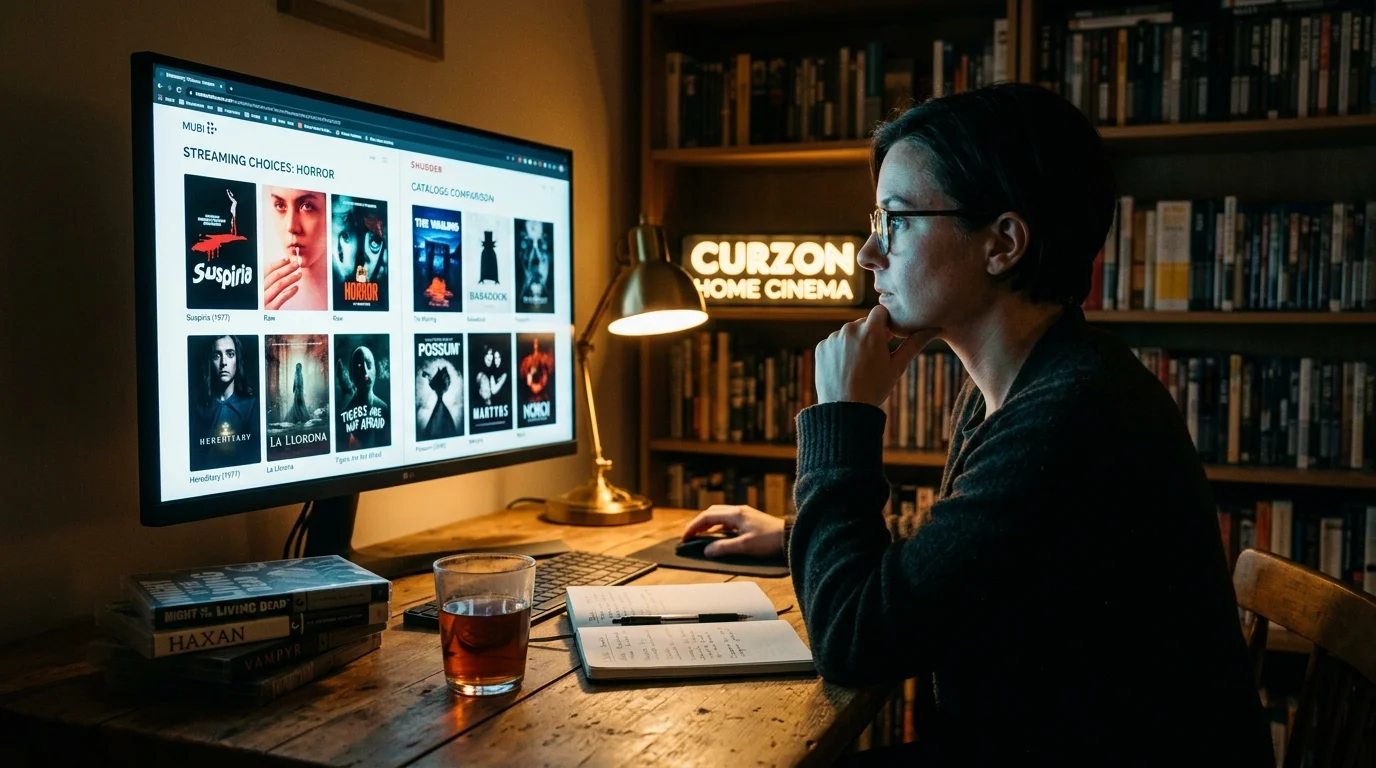 Woman sitting at a wooden desk at night looking at horror movie titles displayed on a computer monitor.