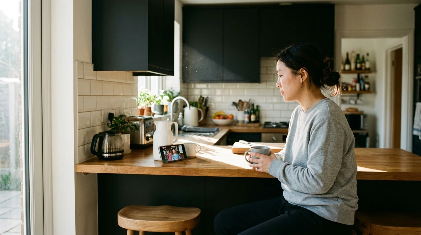 A woman sitting at a wooden kitchen island holding a mug and watching a video on her propped-up phone.