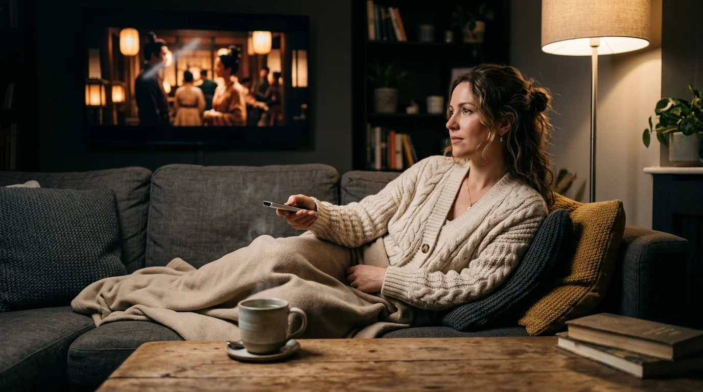 Woman on a gray sofa holding a remote control while watching a period drama on a television in a cozy living room.