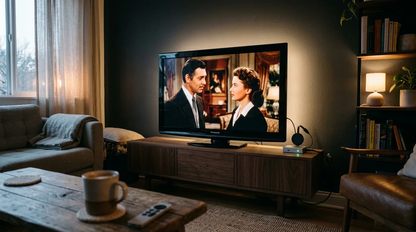 A Panasonic television on a wooden media console plays a classic film beside a streaming device in a cozy living room.