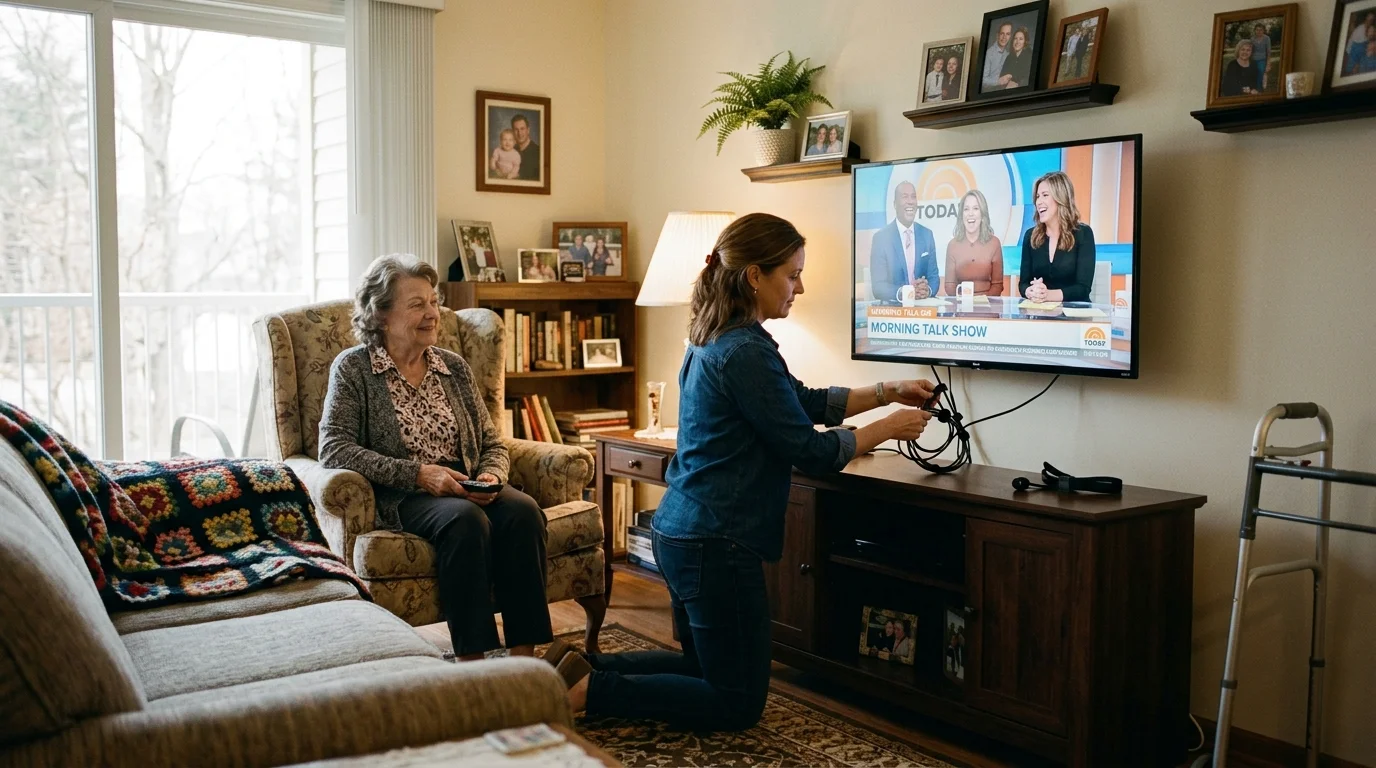 A woman kneels to organize TV cords while an elderly woman sits smiling in an armchair holding a remote control.