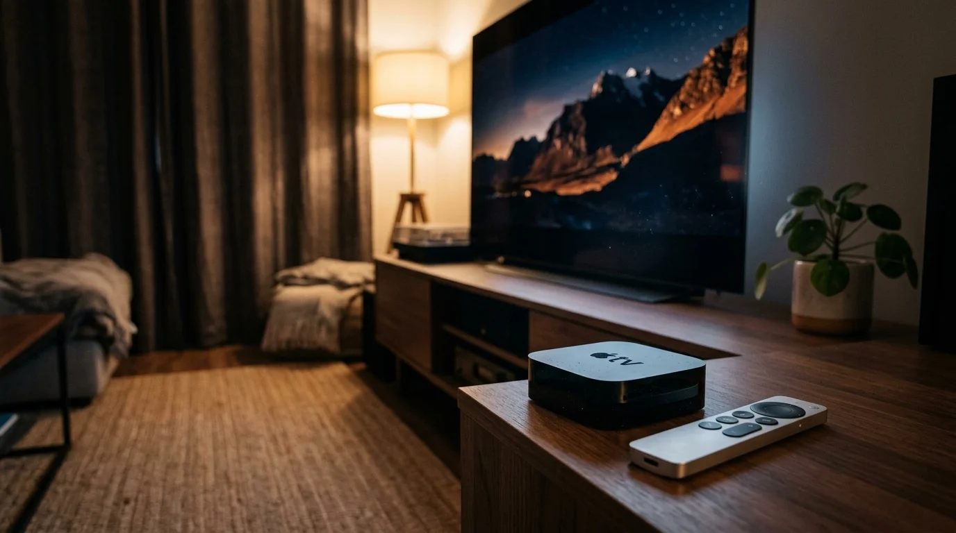Apple TV console and Siri Remote resting on a wooden media console in front of a television screen in a cozy living room.