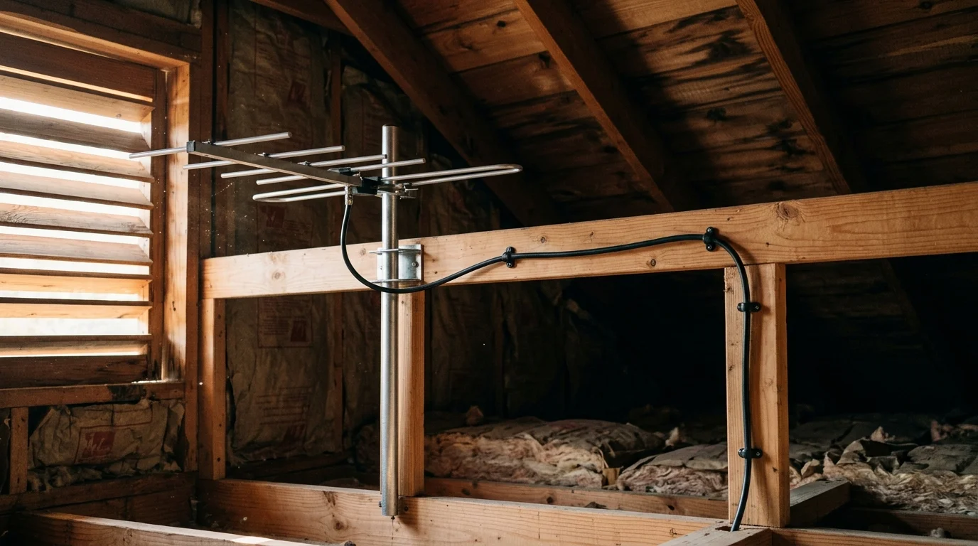 An antenna mounted to wooden framing inside an attic with a black coaxial cable routed along the beams.