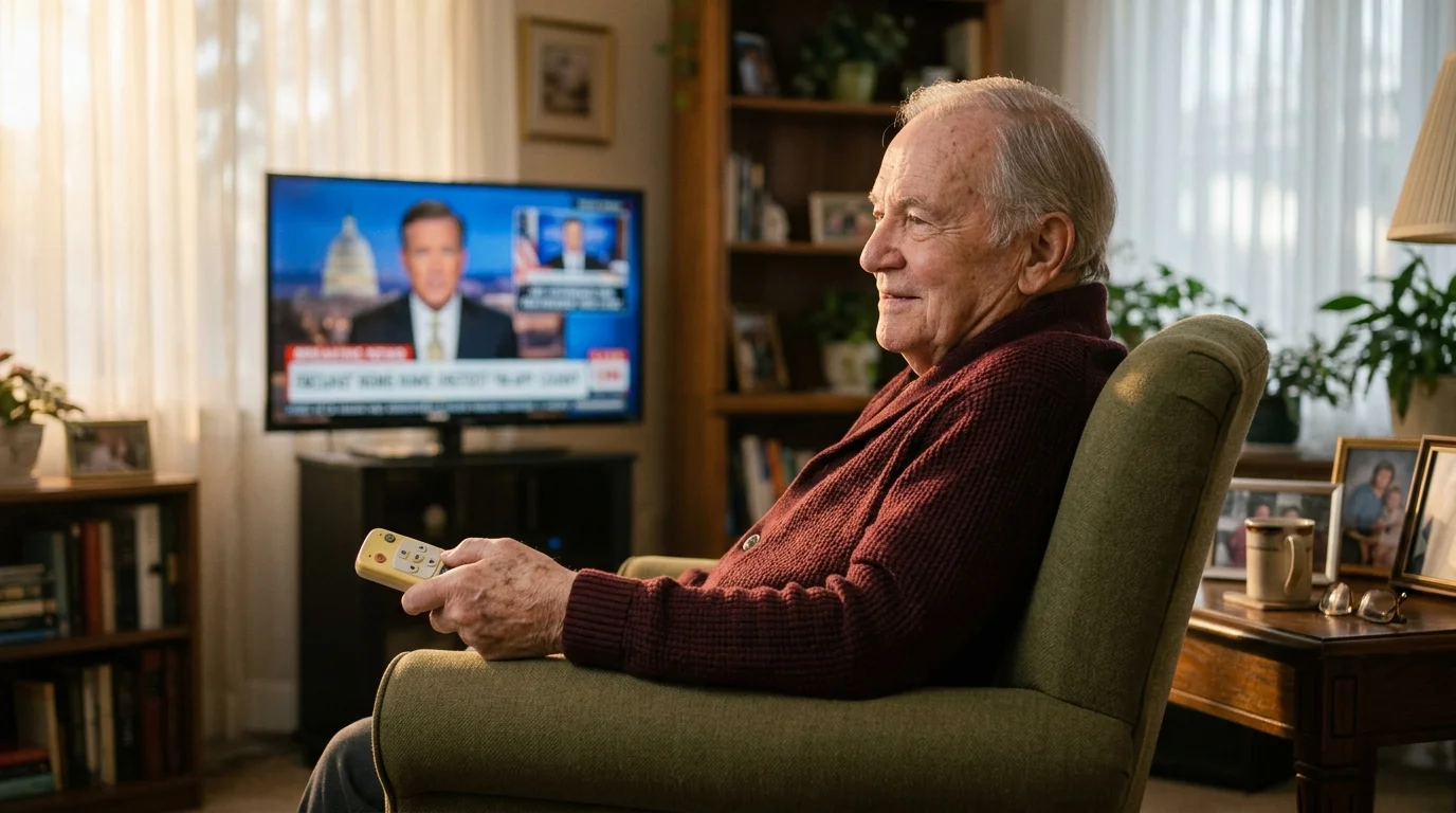 Elderly man sitting in an armchair holding a yellow remote control and watching the news on television.