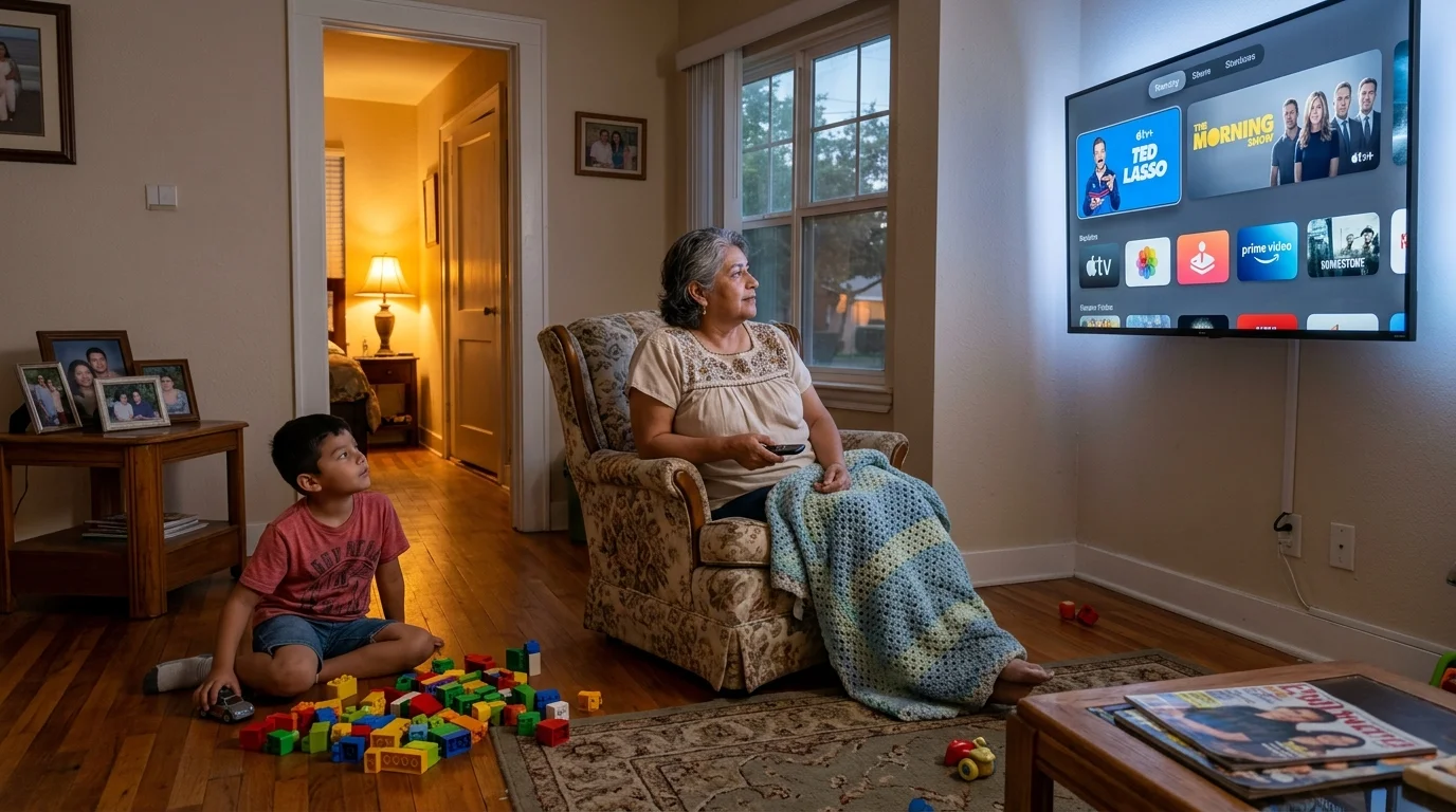 A woman sits in an armchair holding a remote while a boy plays with blocks on the floor near a wall-mounted TV.