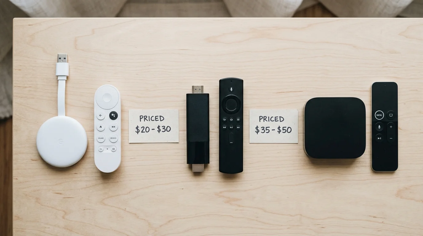 Three streaming devices and remotes arranged on a light wood surface with handwritten price tag cards.