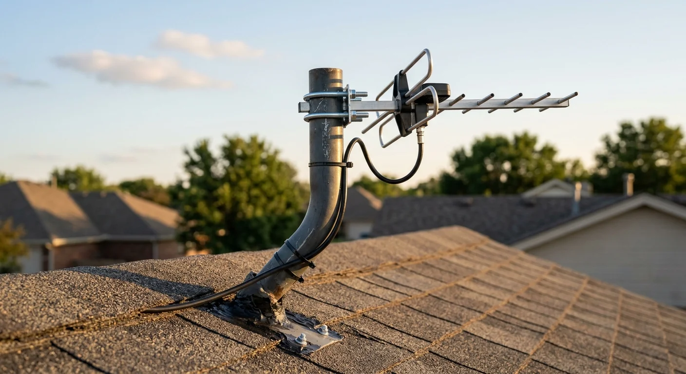 Small directional TV antenna clamped onto a repurposed satellite dish mast mounted on an asphalt shingle roof.