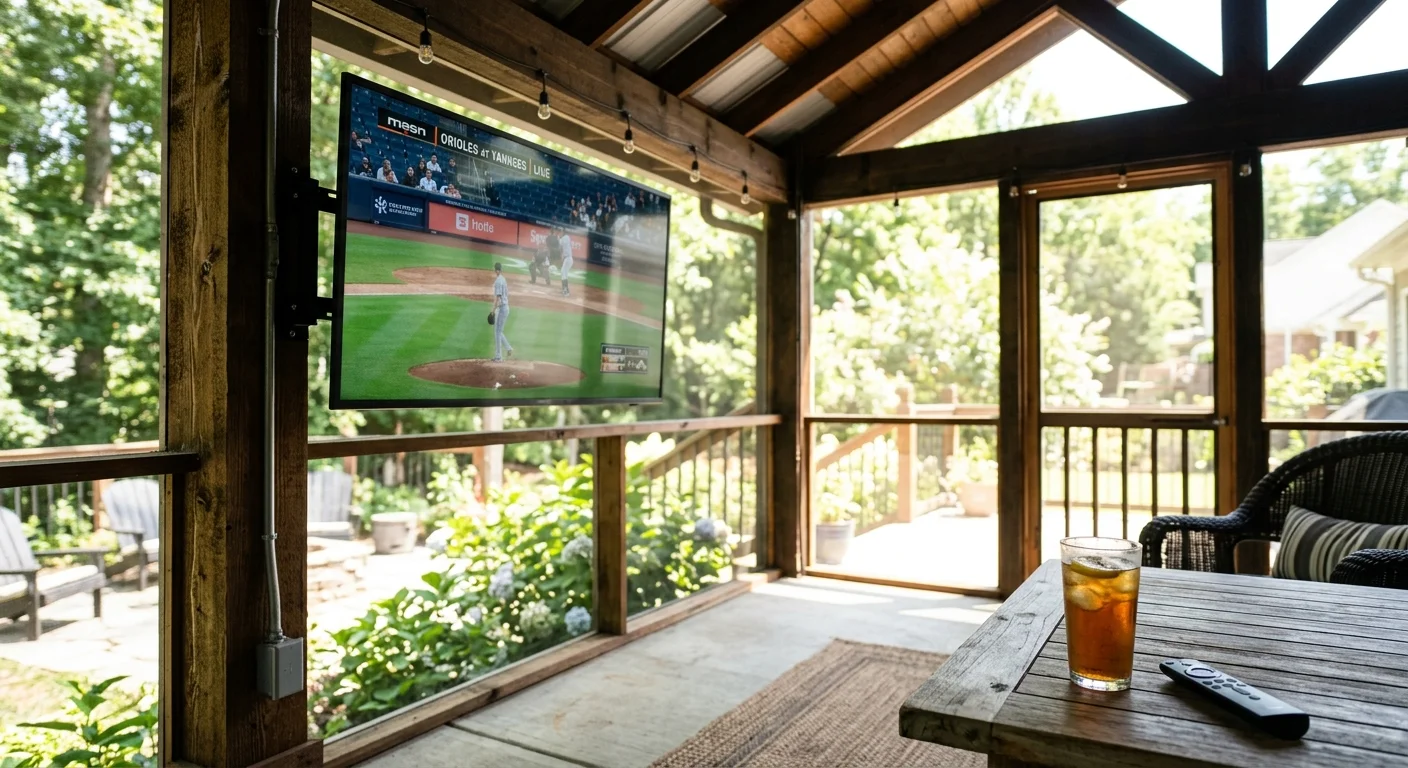 Screened-in wooden porch with a mounted television broadcasting a baseball game, facing a wooden table with iced tea.