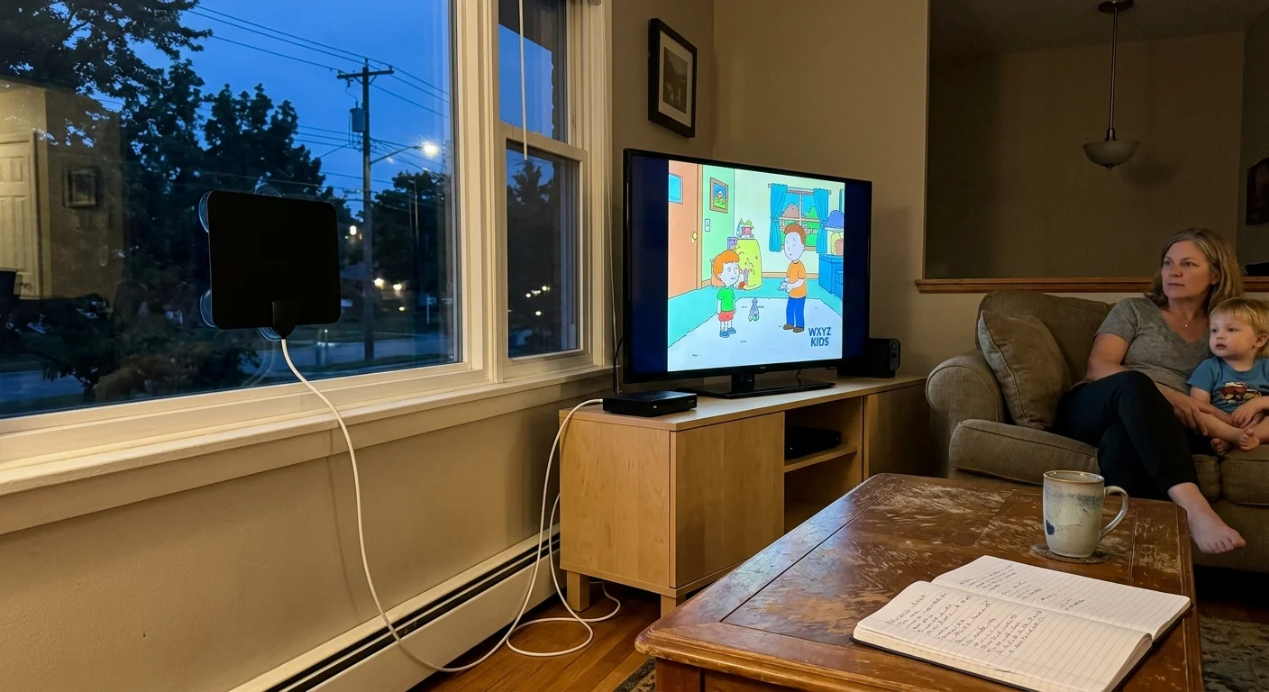 A woman and toddler sit on a couch watching animated cartoons on a television connected to an indoor window antenna.
