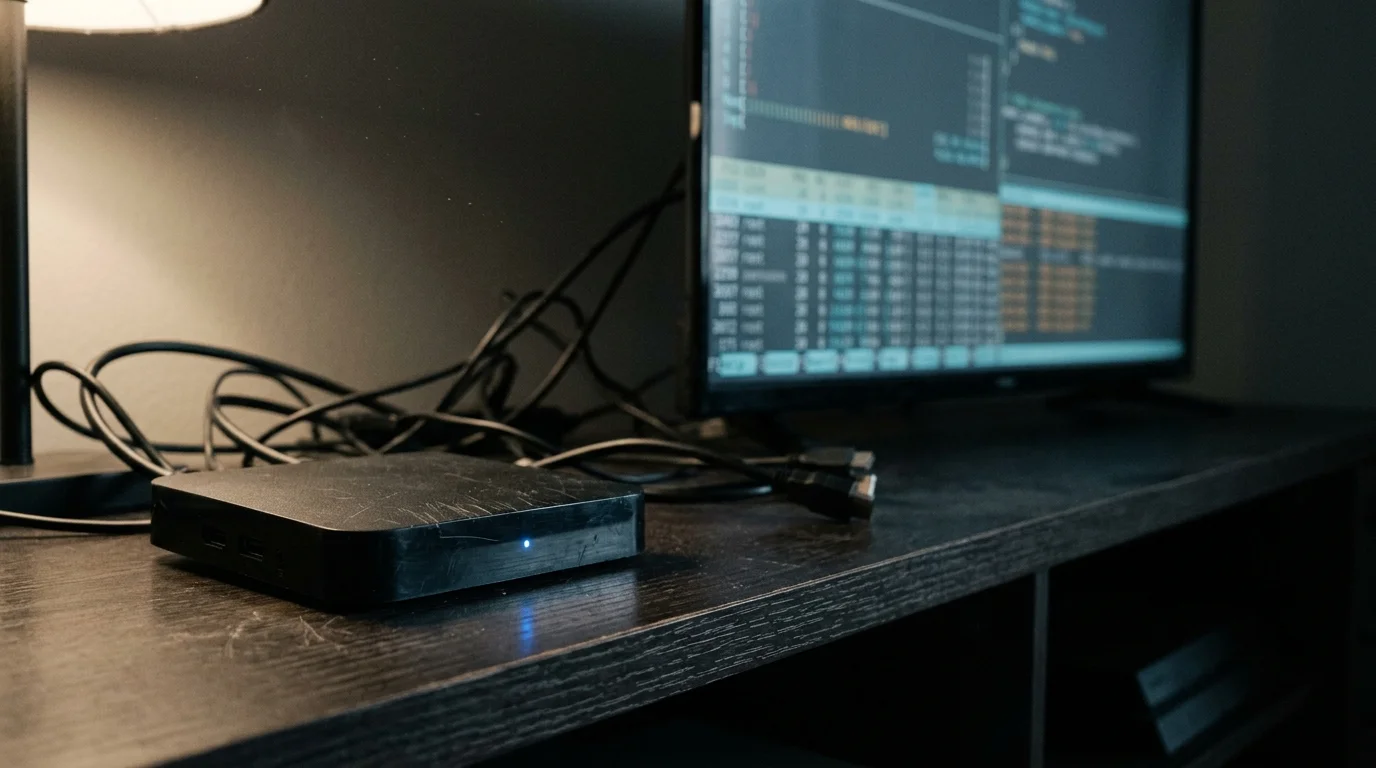 Black TV box on a wooden console beside tangled cables and a television screen displaying computer code.