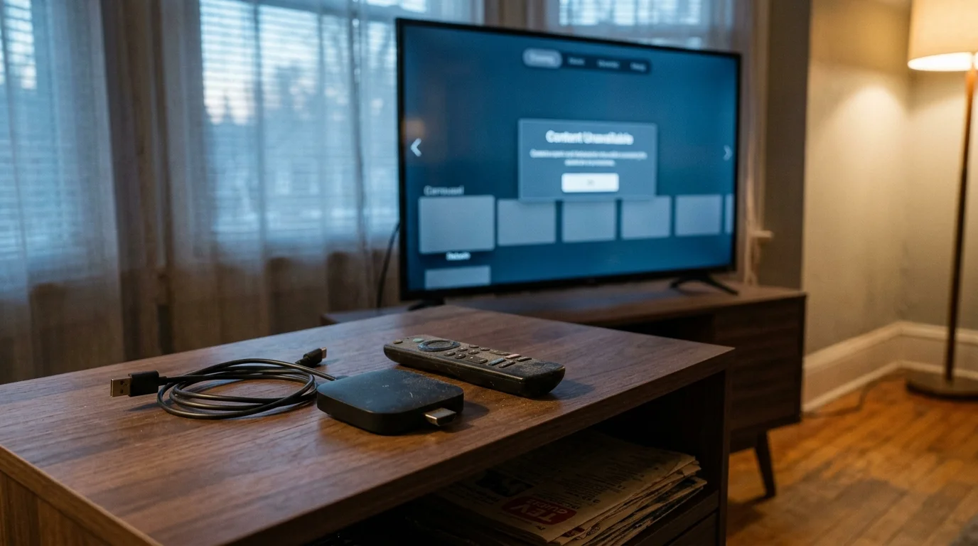 Streaming device, cable, and remote on a wooden table in front of a TV displaying a content unavailable message.