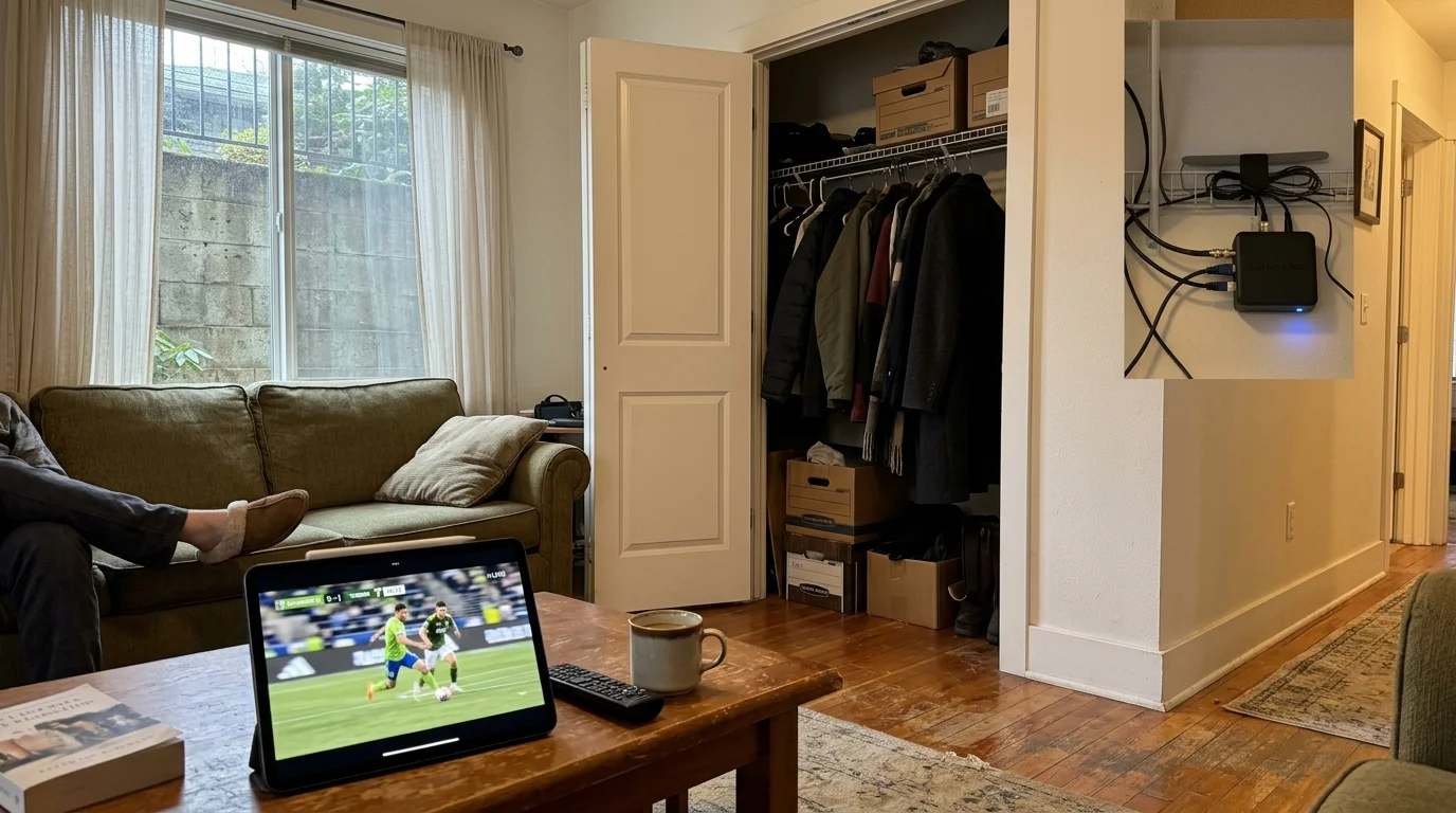 Living room with a soccer game streaming on a tablet, featuring an inset view of a network tuner wired inside a closet.