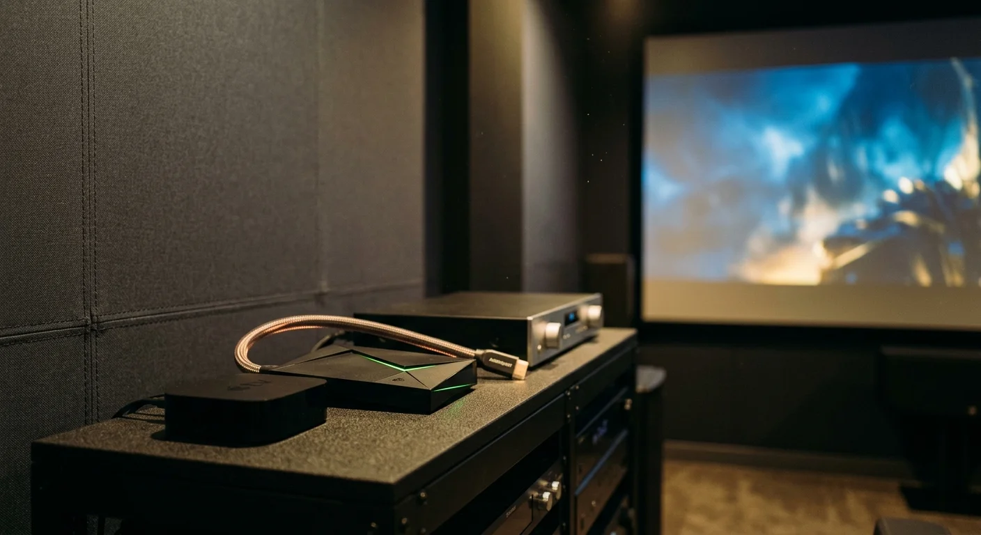 Apple TV and Nvidia Shield TV Pro on an AV rack in a dark home theater room with a glowing projector screen.