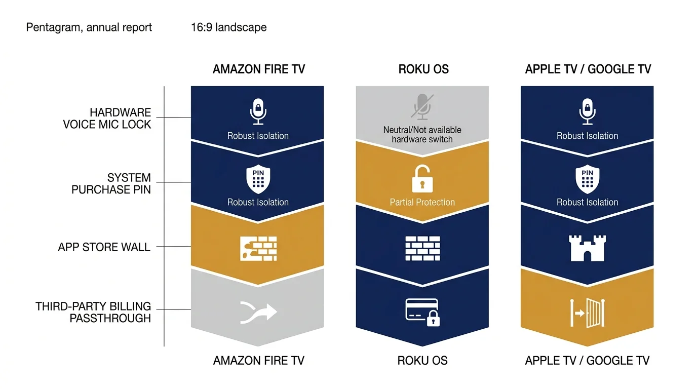 Diagram comparing security layers across Amazon Fire TV, Roku OS, and Apple TV or Google TV platforms.