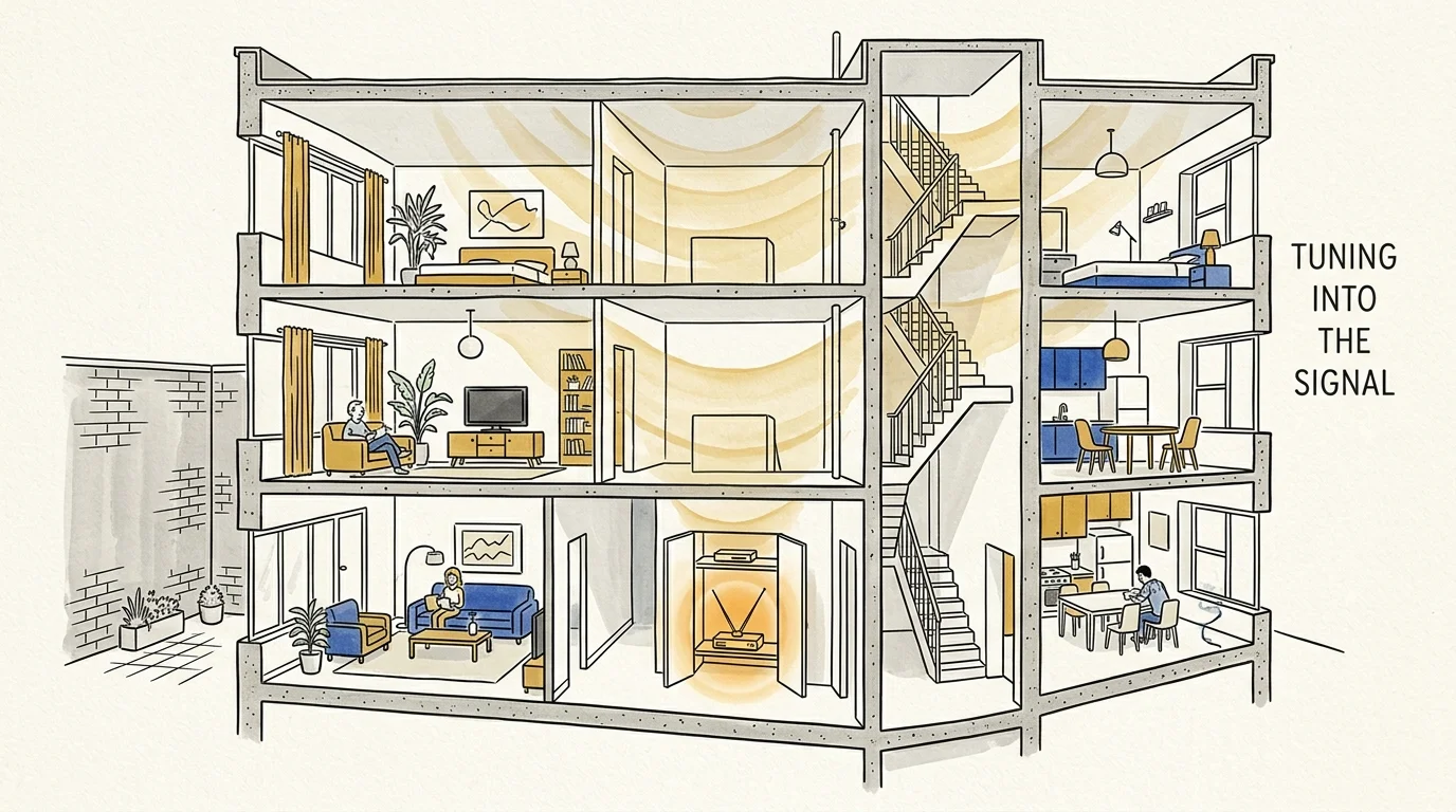Cutaway illustration of a three-story apartment building showing yellow radio waves descending into a ground-floor closet.