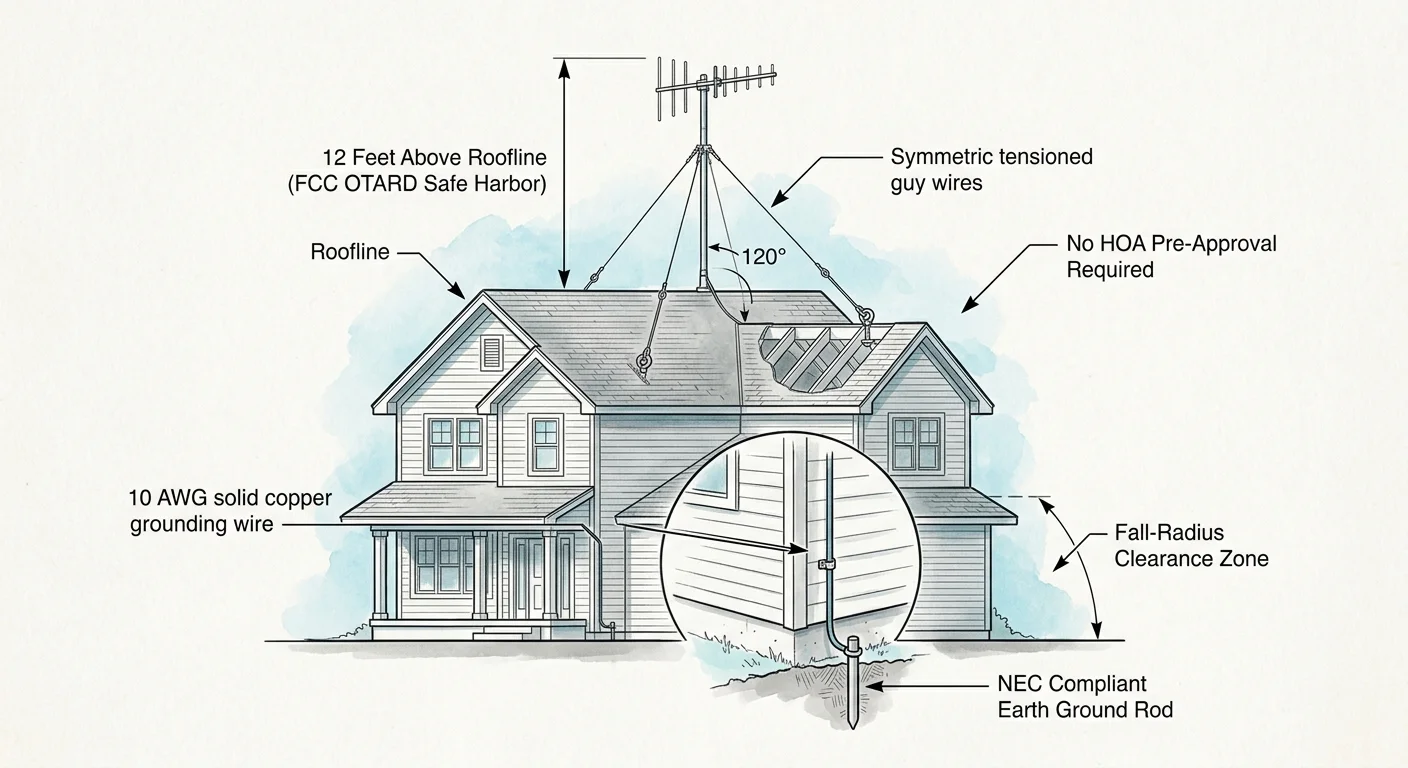 Diagram of a rooftop antenna installation on a house with guy wires, grounding rod callouts, and safety clearance zones.