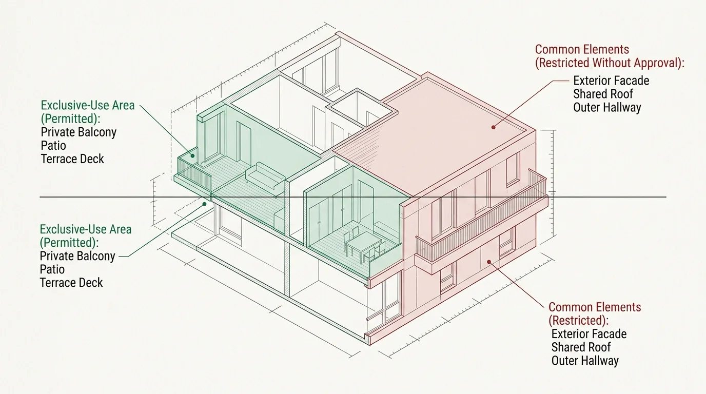 Cutaway architectural diagram of a building highlighting permitted exclusive-use areas in green and restricted common elements in red.