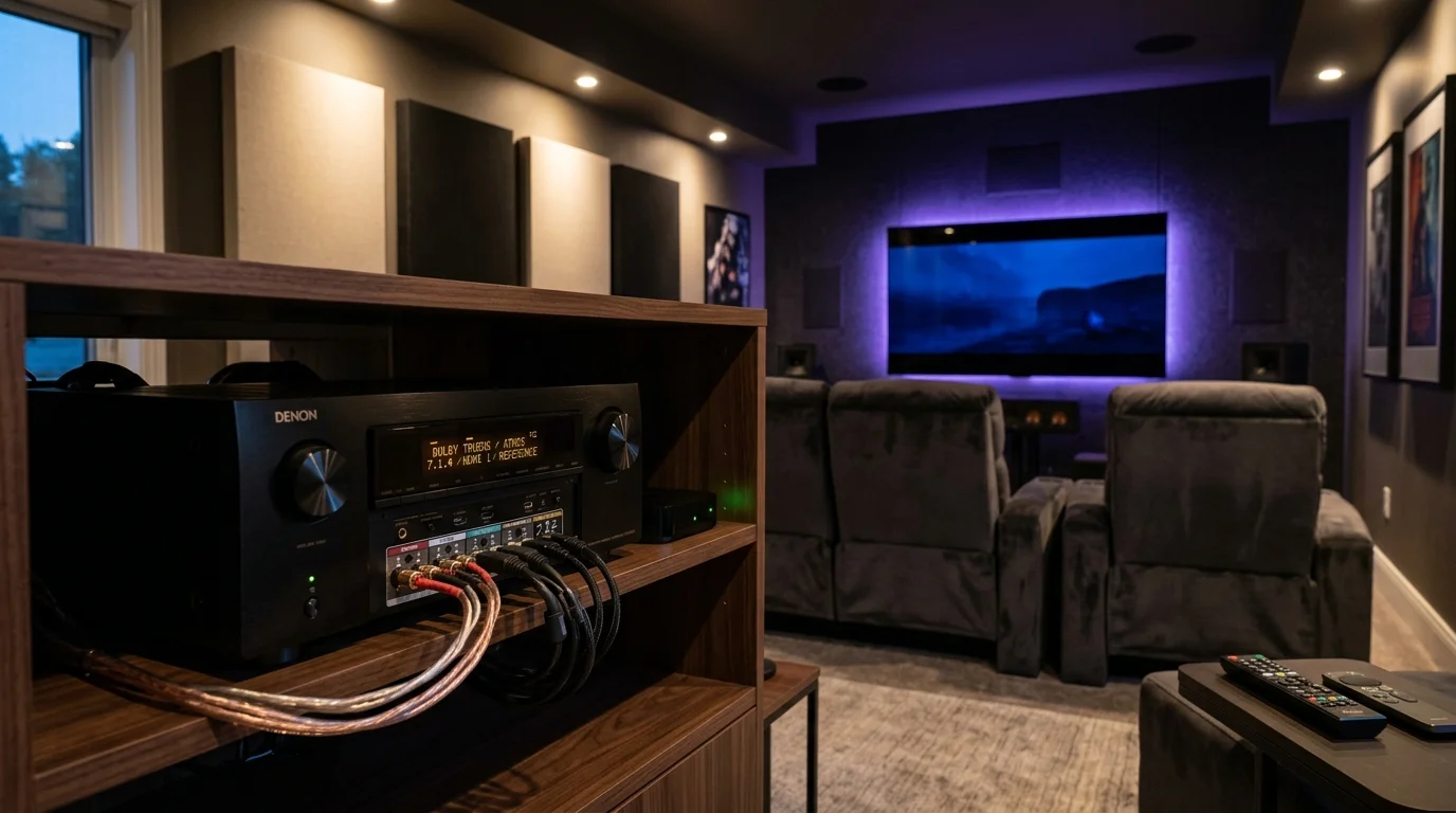 A home theater audio receiver wired on a wooden shelf facing recliner seats and a glowing wall-mounted television.