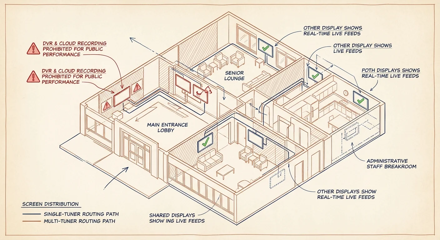 Cutaway floor plan diagram showing screen distribution and labels prohibiting DVR recording playback in communal rooms.