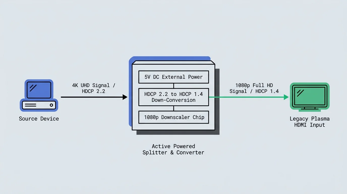 Diagram showing a source device routing 4K HDCP 2.2 through an active powered converter to a legacy plasma TV at 1080p HDCP 1.4.