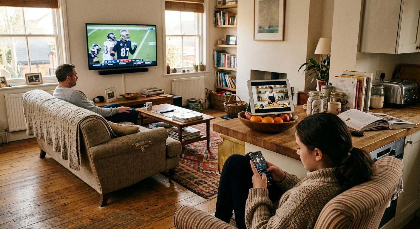 A man watches football on a television while a girl sits in an armchair using a smartphone near a tablet on a counter.