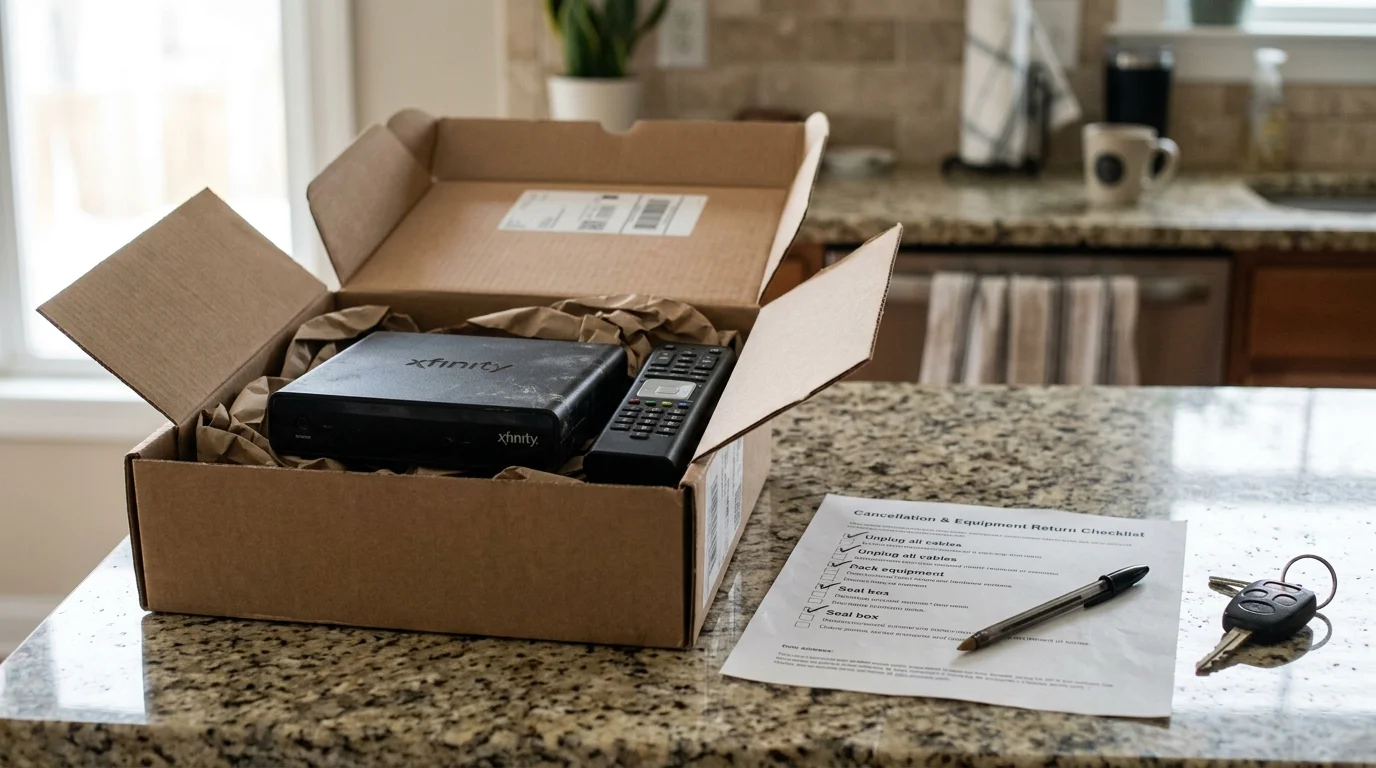 An open shipping box with an Xfinity cable box and remote beside a return checklist, pen, and car keys on a counter.
