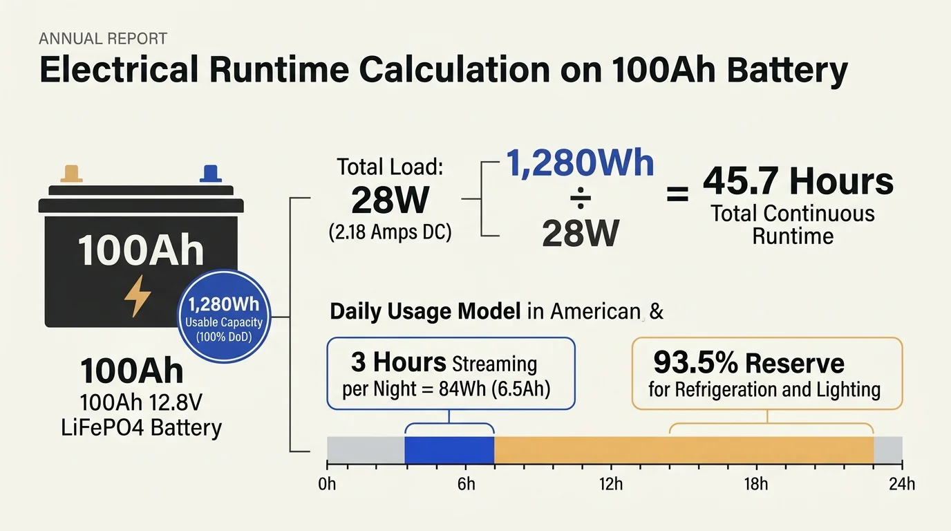 Diagram calculating electrical runtime on a 100Ah LiFePO4 battery, showing 1,280Wh divided by 28W yielding 45.7 hours.
