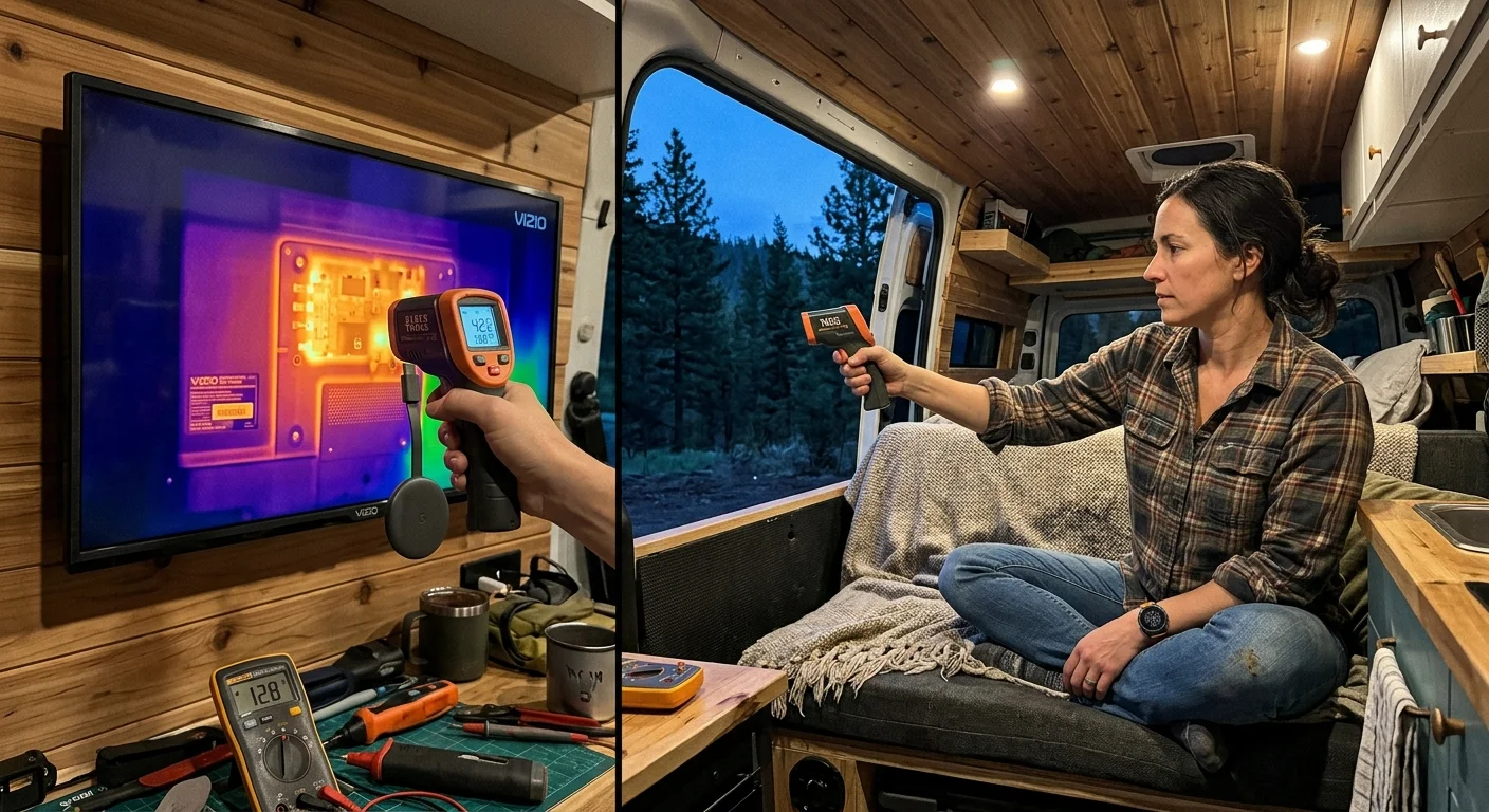 A woman inside a camper van points an infrared thermometer at a mounted television displaying a thermal scan.