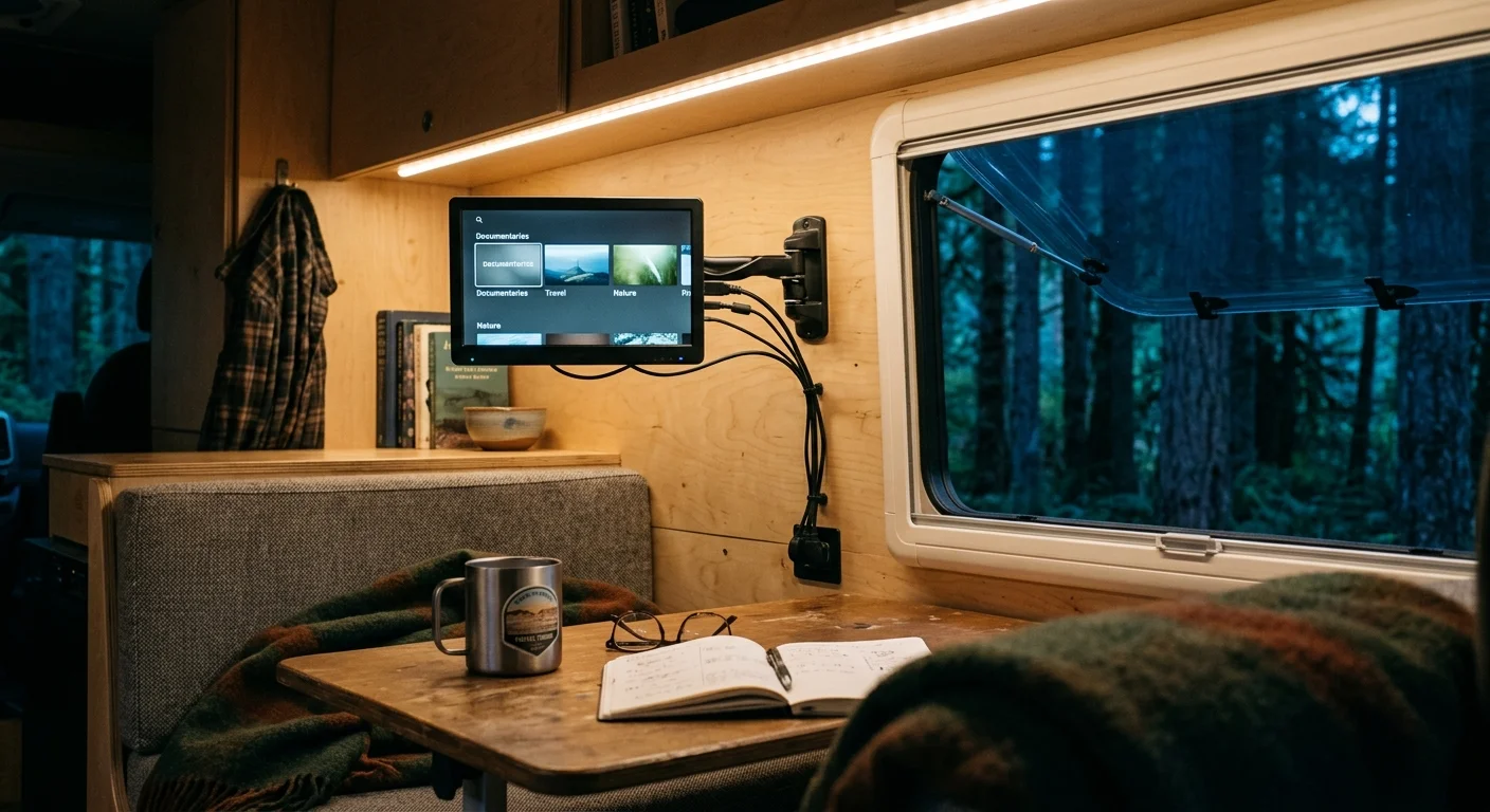 Small monitor mounted on a camper van wall above a wooden table, displaying streaming video beside an open window.