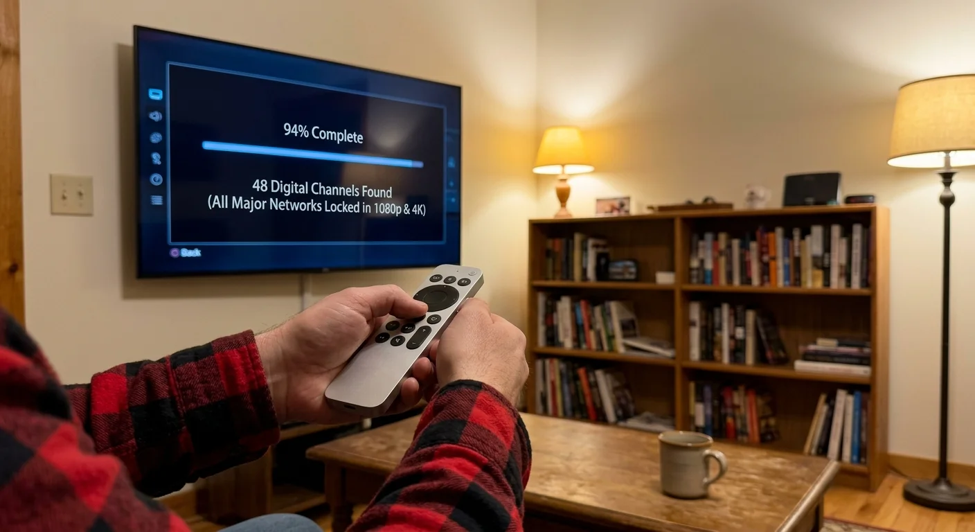 Person holding a TV remote facing a television screen displaying a 94 percent completed digital channel scan.