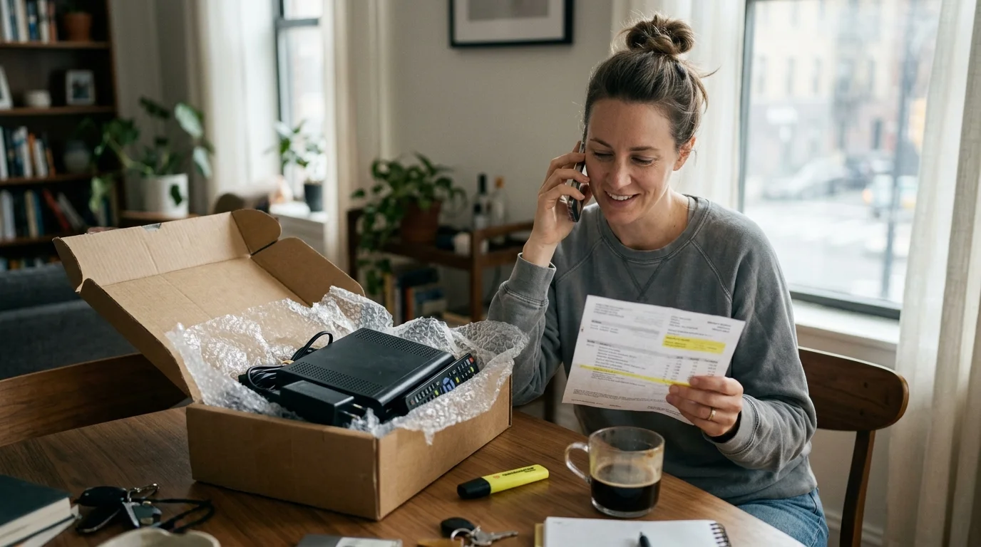A smiling woman on a phone call holding a bill beside an open cardboard box packed with electronic equipment.
