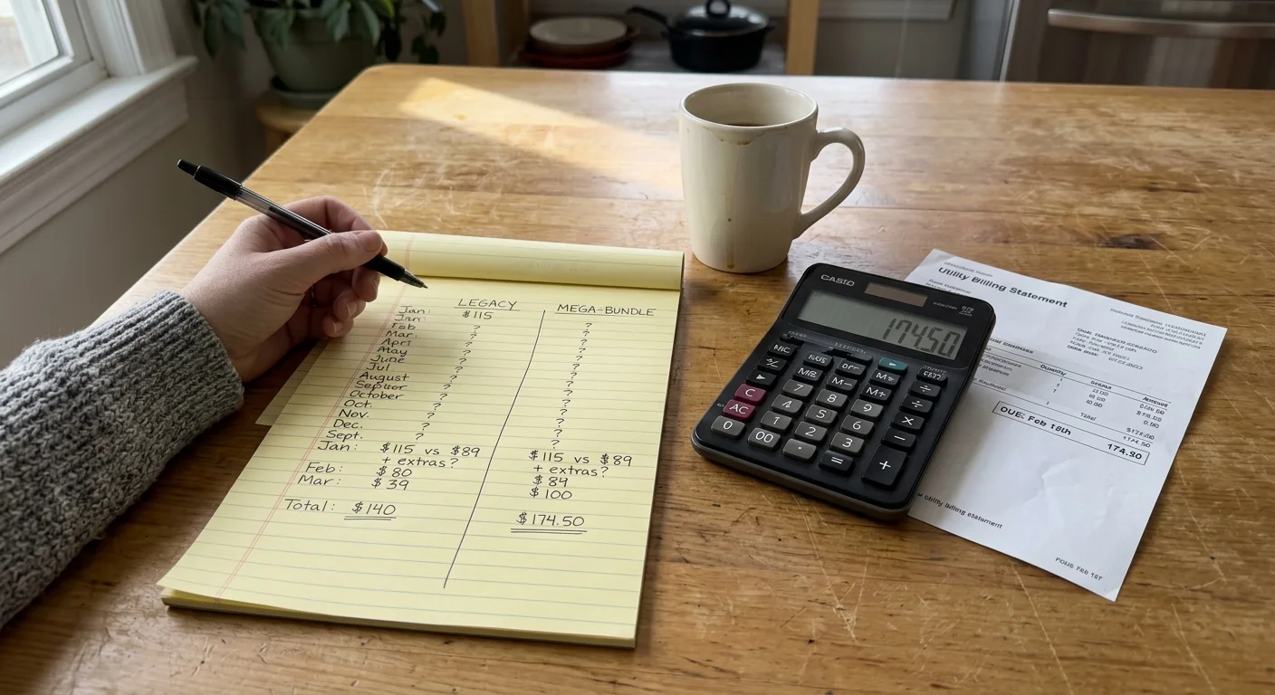 A person writing calculations on a yellow legal pad next to a calculator, coffee mug, and billing statement on a desk.