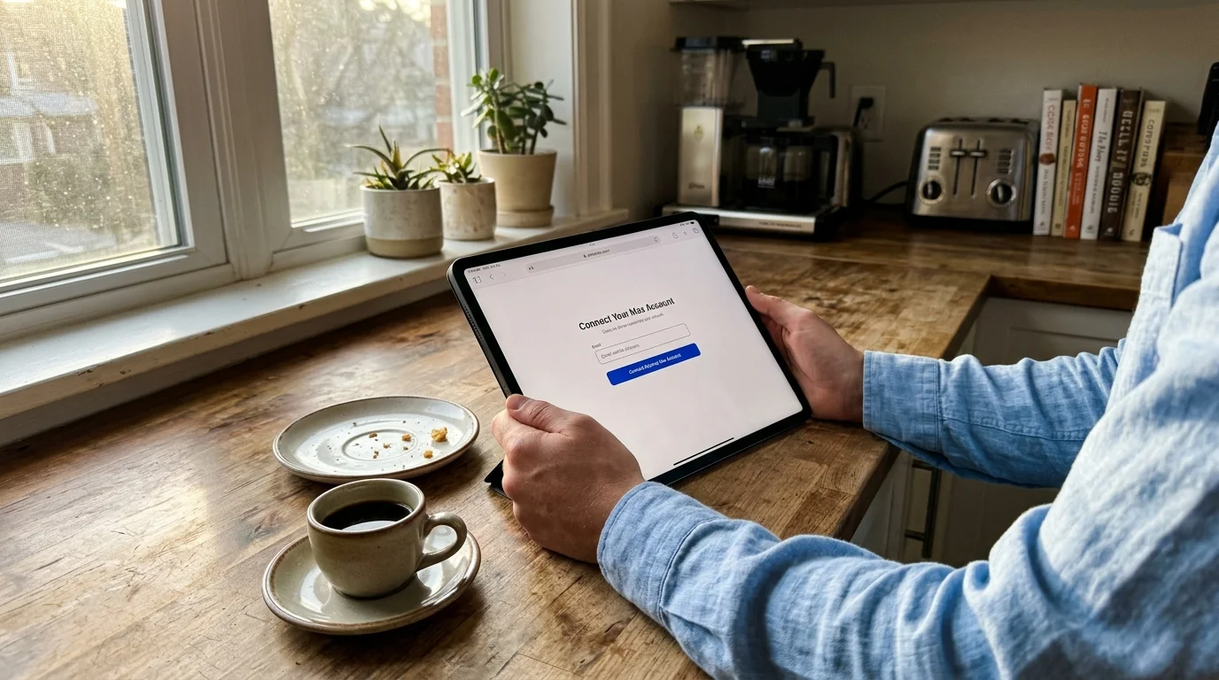 Person holding a tablet displaying a Connect Your Max Account web page on a wooden kitchen counter next to a coffee cup.