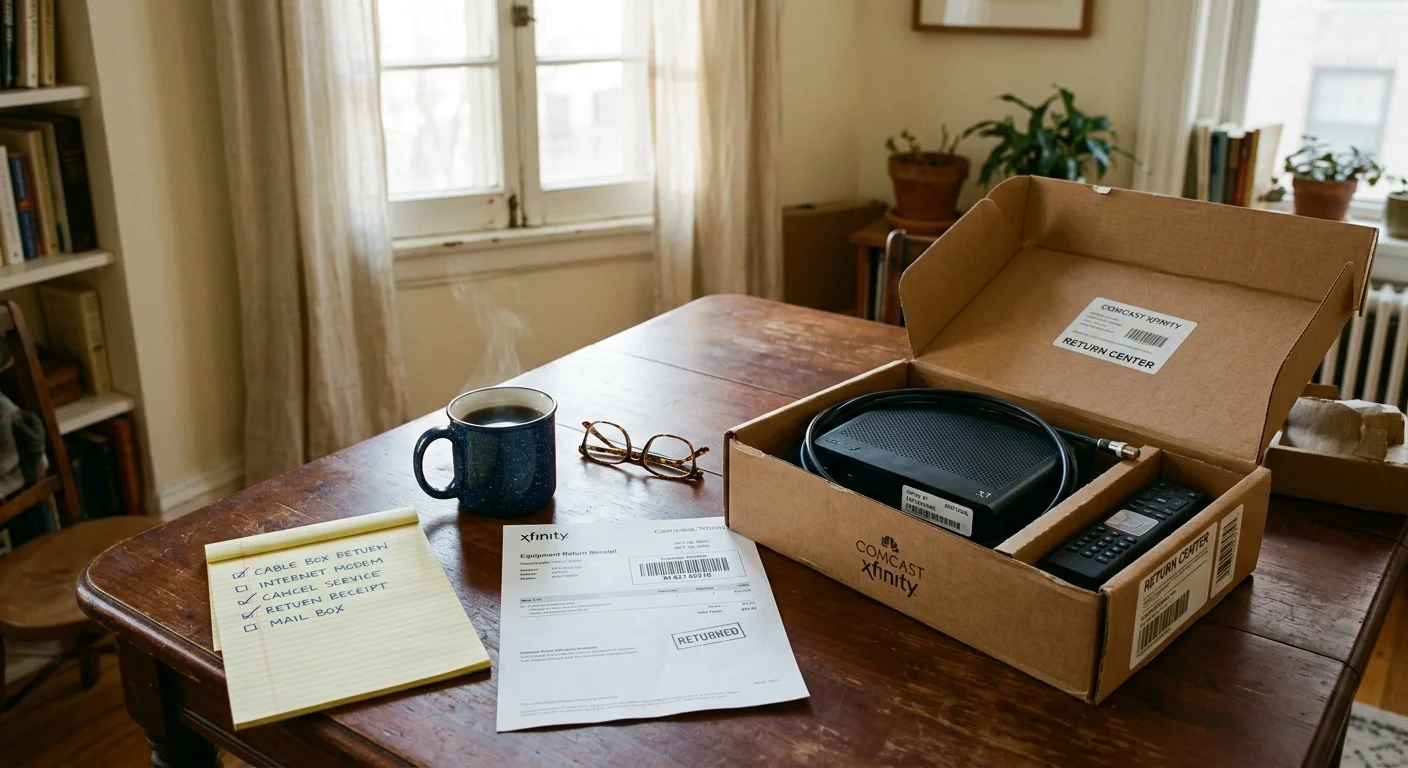 Cardboard return box containing a cable box, remote, and cord next to a receipt and checklist on a wooden table.