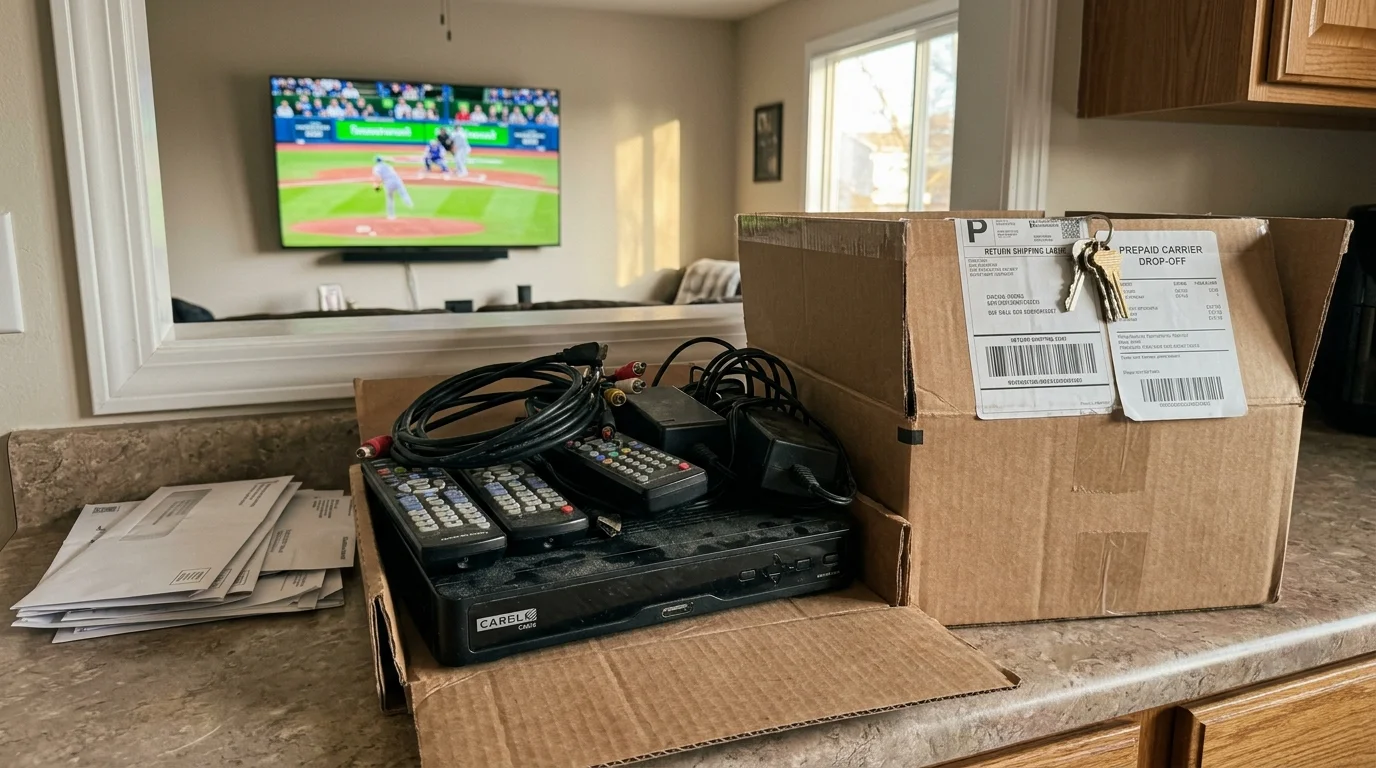 Cable box, remotes, and cords in a cardboard box next to a prepaid return shipping box on a counter.