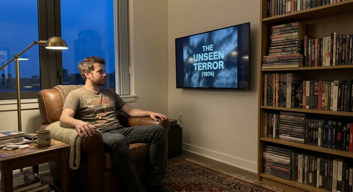 A man sits in a leather armchair watching The Unseen Terror (1974) on a wall-mounted TV next to a tall bookcase of media.